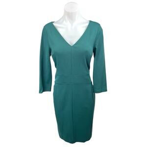 Ann Taylor Blue Green V-Neck 3/4 Sleeve Knee Length Ponte Knit Sheath Dress 4